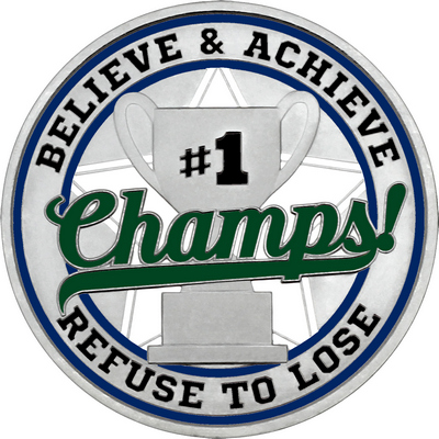 Dark Green "Champs!" with Navy Blue Outer Circular Borders
